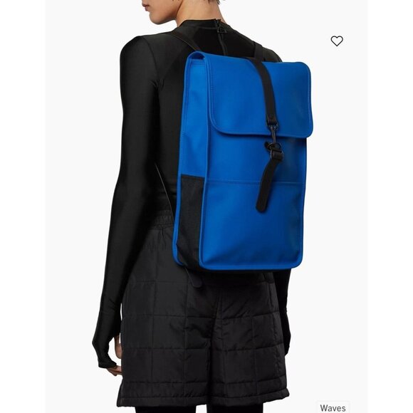 NWT RAINS Small Backpack‎ Blue Laptop  Commuter Vegan Flap Repellant $110 MSRP - Picture 1 of 11